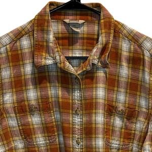 Duluth Trading Co. Women's 2XL Plaid Flannel‎ Shirt Long Sleeve Brown Orange